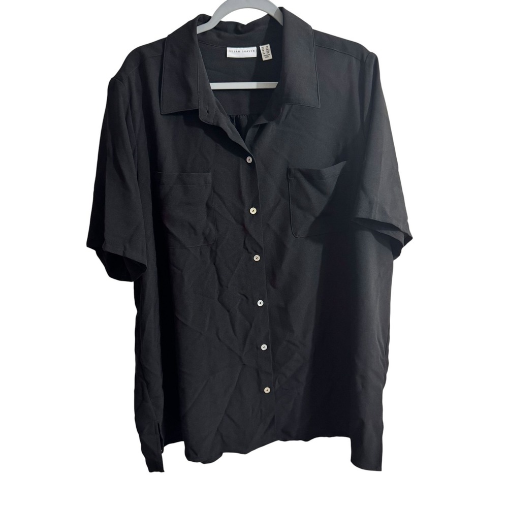Susan Graver Button Down Lagenlook Career Stretchy Shirt Womens Plus 2X Black